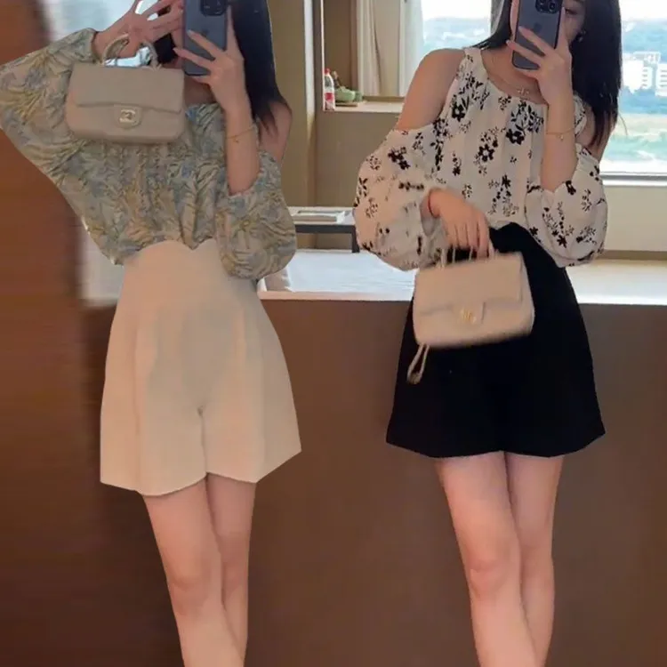 法式气质名媛衬衫女夏季小众露肩衬衣长袖上衣+西装时尚短裤套装