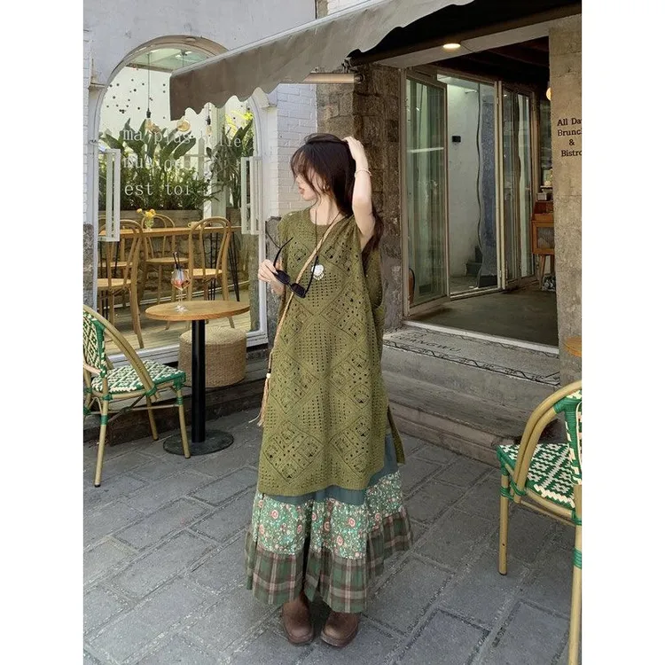 2025复古套装女叠穿镂空针织连衣裙夏季爆款潮高腰字半身裙两件套