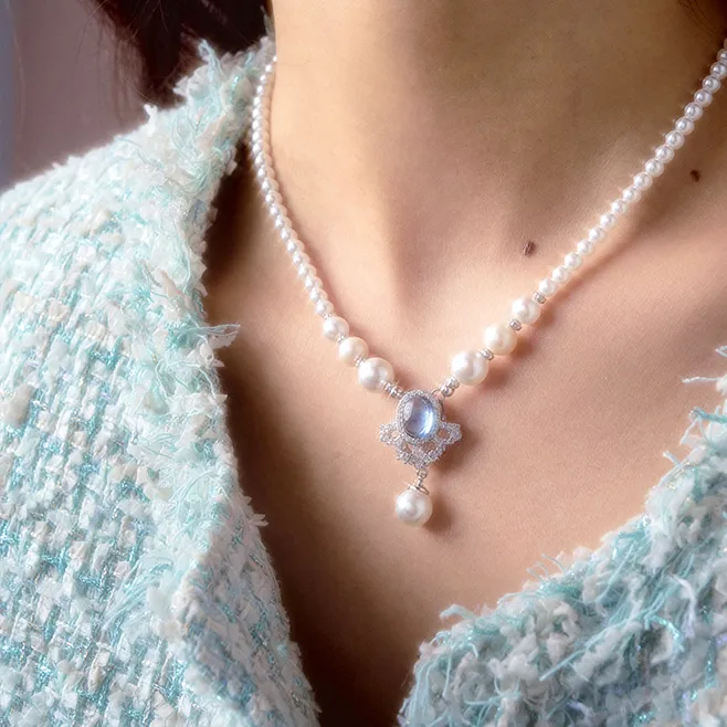 铜合金锆石项链 原创《拾温》雪花蓝色吊坠法式复古轻奢项链百搭