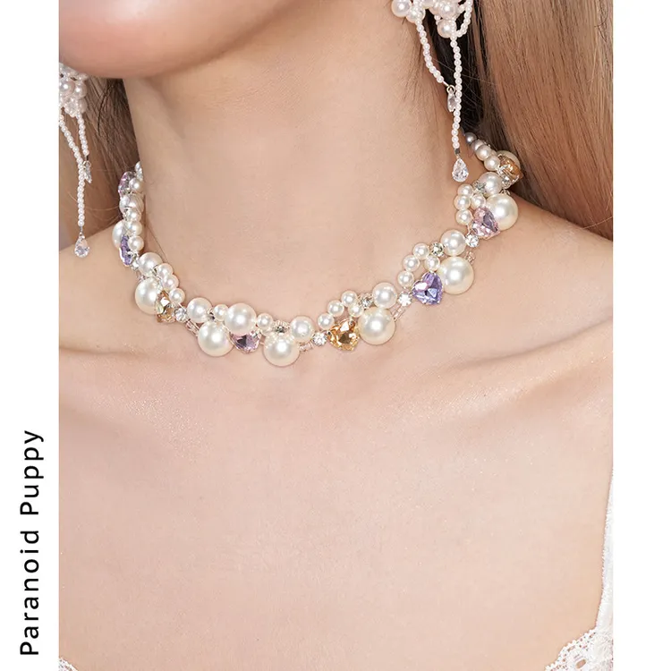 铜合金仿珍珠项链 合辑《绫》vintage感马卡龙爱心项链女轻奢choker