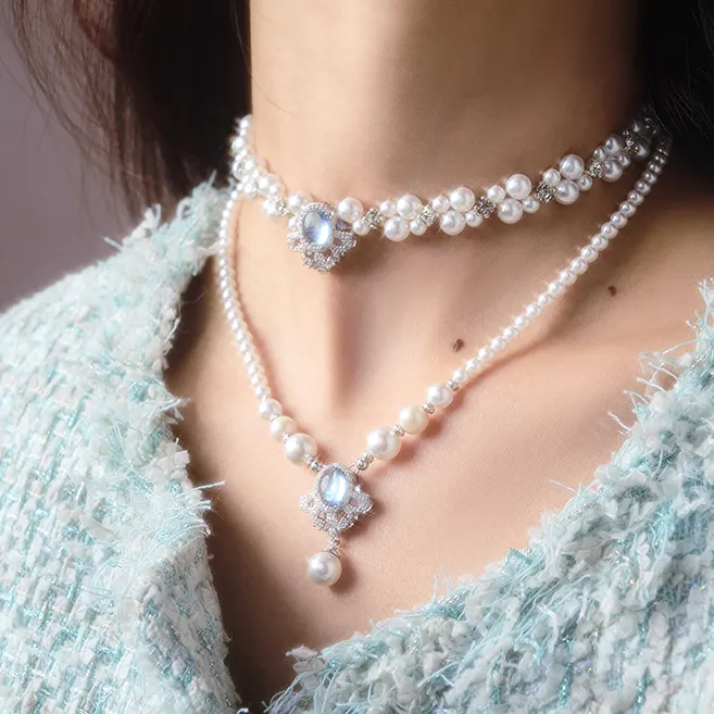 铜合金锆石项链 《拾温》雪花蓝色温柔仙气宫廷风复古轻奢珠珠项链