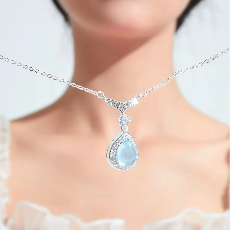 坠链均925银锆石 《一滴泪》海蓝气质项链简约女小众轻奢锁骨链坠链