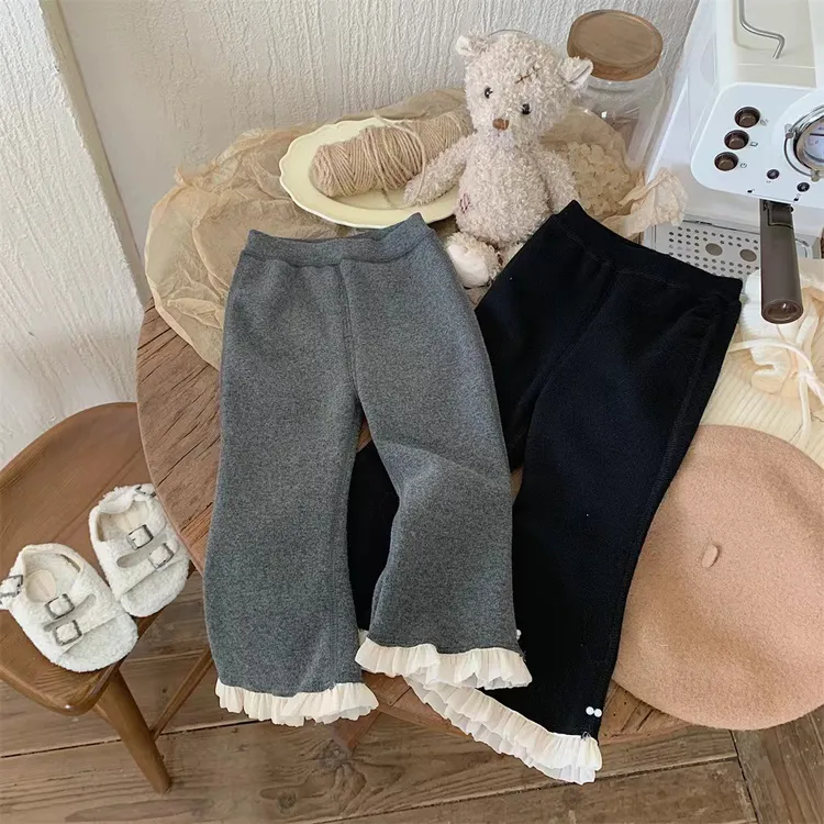 女童加绒打底裤2025秋冬新款韩版女宝宝花边加厚长裤子保暖一体绒