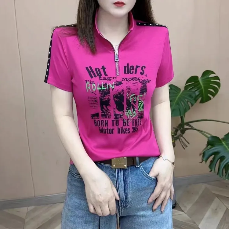 纯棉立领短袖上衣女夏季新款时尚春秋显瘦遮肉遮肚子洋气卫衣女