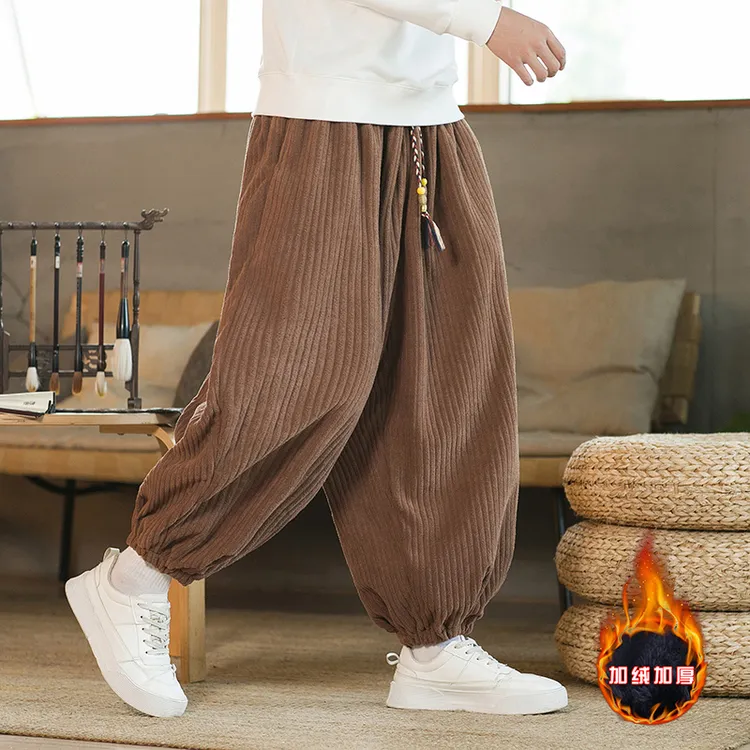 中国风男士休闲裤冬季新款复古宽松大码阔腿裤加绒加厚纯色灯笼裤