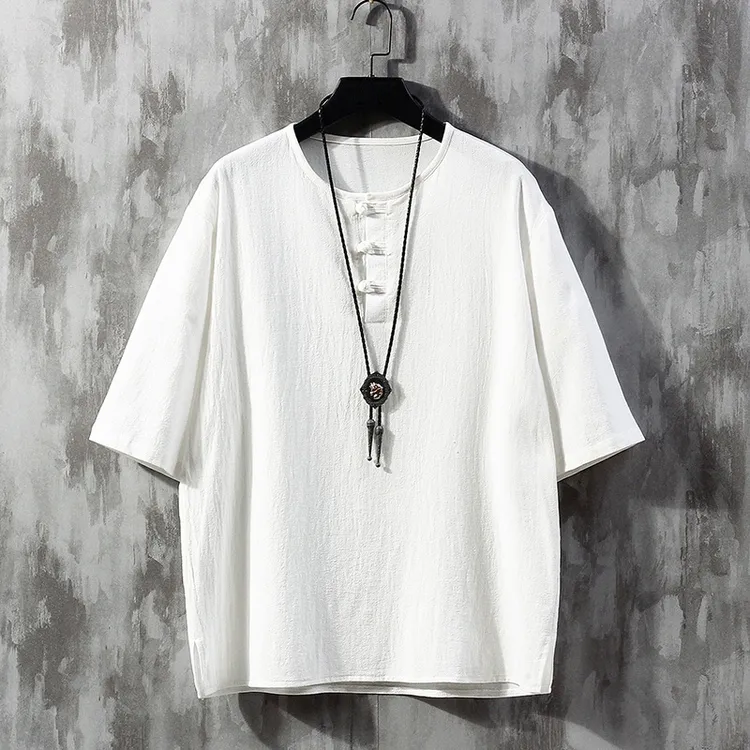 夏季亚麻短袖t恤男棉麻胖子大码中国风复古中式盘扣唐装半袖汉服