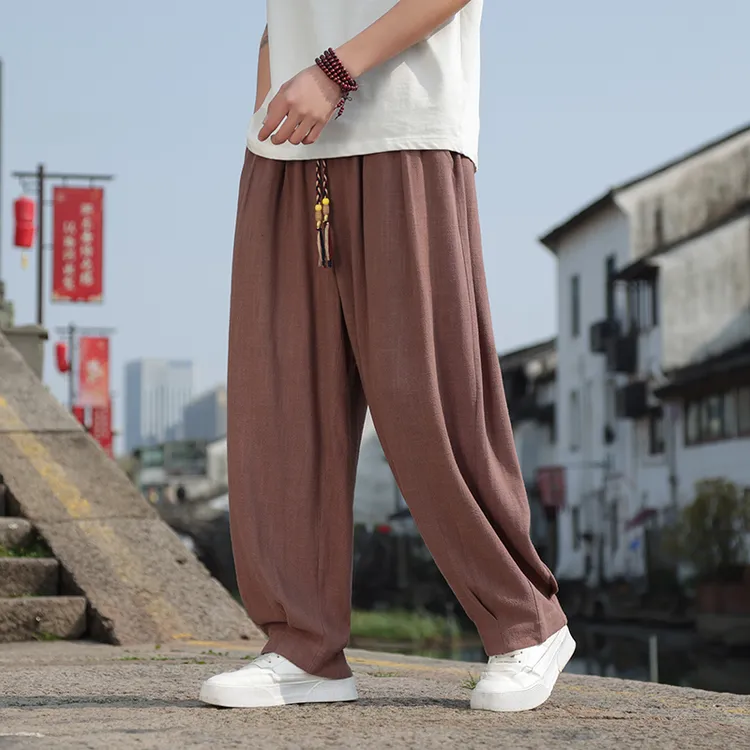 亚麻休闲裤男夏季薄款宽松棉麻裤子中国风大码男裤垂感直筒阔腿裤