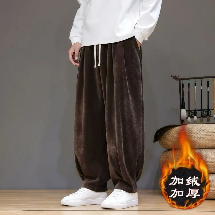 中国风冬季2024男装复古加厚潮流新中式宽松哈伦裤大码阔腿休闲裤