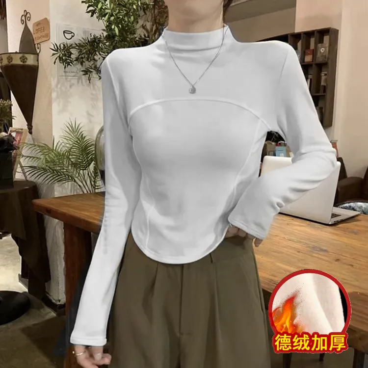 半高领弧形打底衫女秋冬季德绒长袖T恤修身打底可外穿上衣