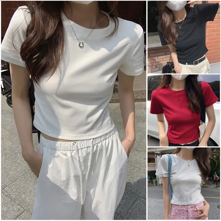 夏季2025新款圆领修身显瘦正肩t恤女短袖百搭小个子短款百搭上衣