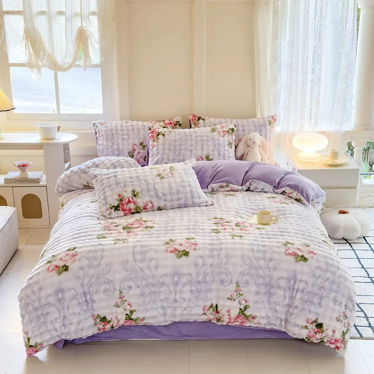 新品全消光加厚牛奶绒双人床四件套泡泡绒印花单人三件套舒适保暖