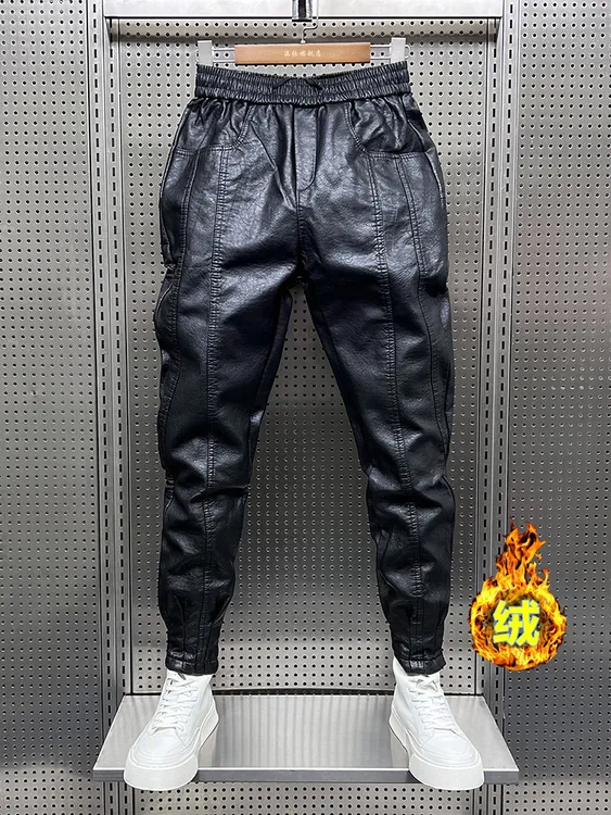 秋冬季加绒保暖外卖骑手机车防风皮裤男纯黑色小脚加厚休闲长裤子
