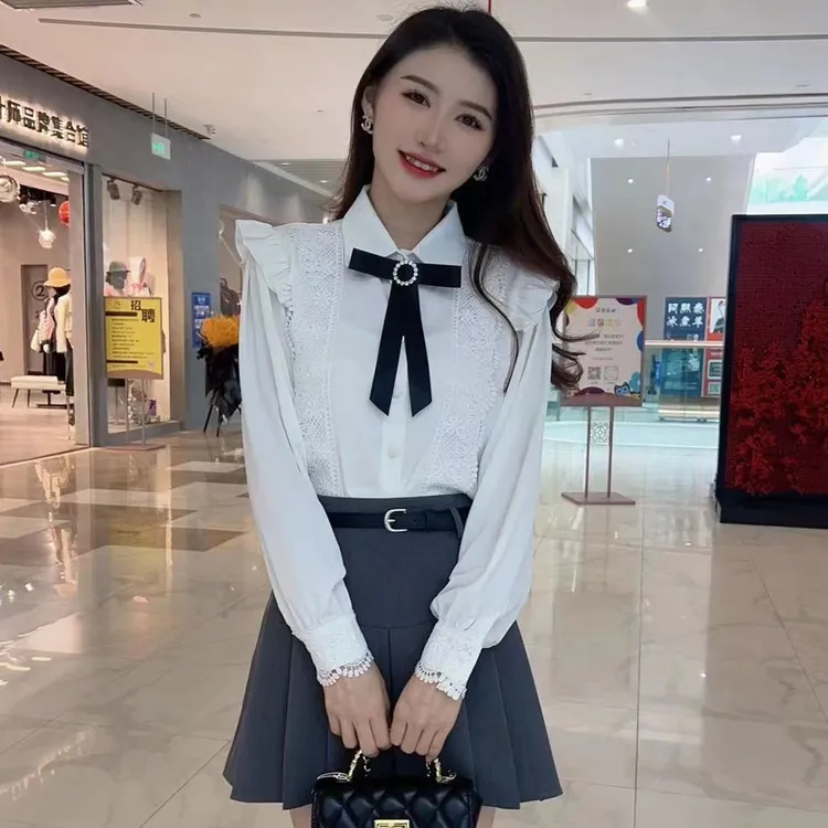 白色长袖衬衫女9624小众春秋季新款法式衬衣显瘦百搭蝴蝶结上衣