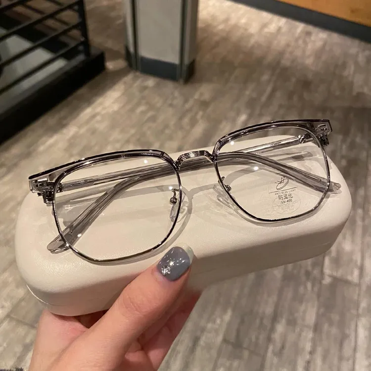 椰子灰复古半框近视眼镜男防蓝光眉架可配度数潮显瘦平光镜韩版女