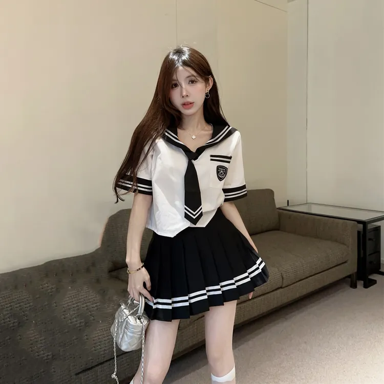 学院风海军领jk制服套装夏季气质显瘦水手服衬衫高腰百褶裙两件套