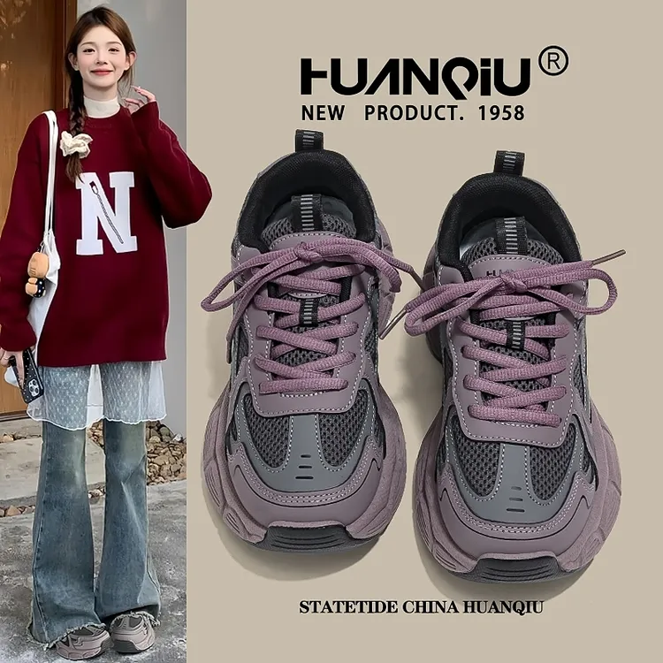 环球紫色老爹鞋女款2025新款春秋款厚底显脚小鞋子休闲百搭运动鞋
