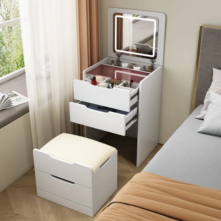 2024款梳妆台卧室小型化妆台斗柜带抽屉床头柜一体带灯翻盖化妆桌