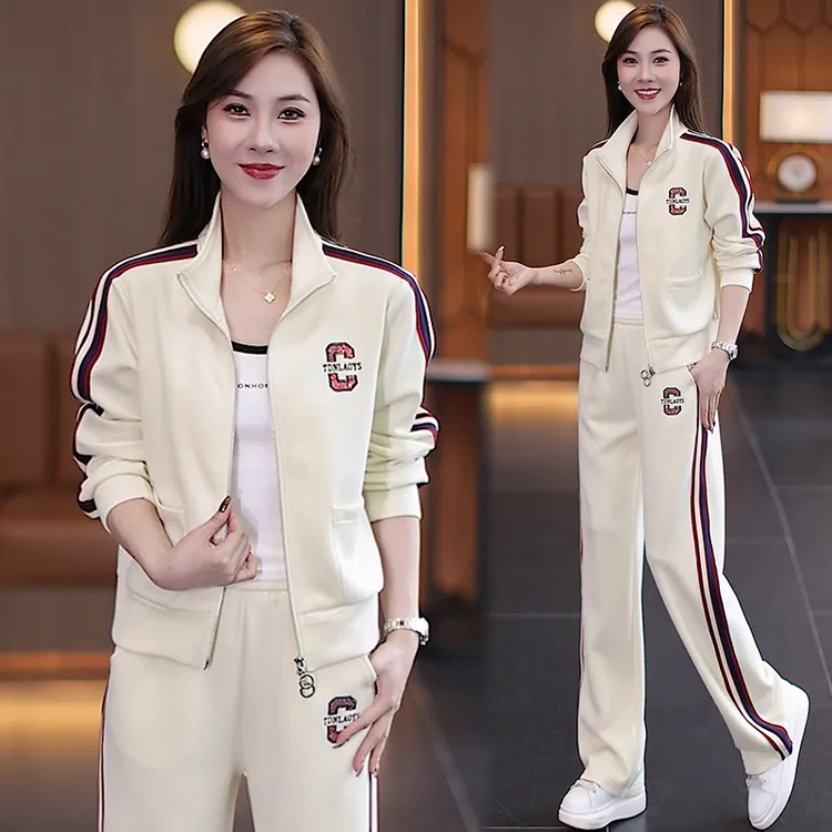 休闲运动套装女2024春秋季新款洋气减龄立领拉链开衫直筒裤两件套