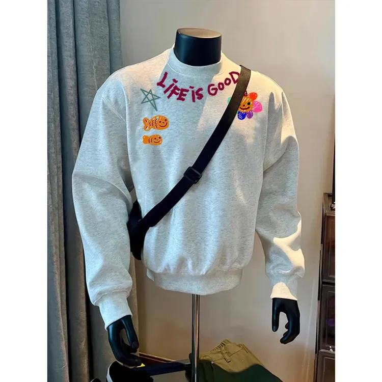 美式宽松卫衣男士上衣环领手绘印花T休闲圆领冬季加厚加绒打底衫