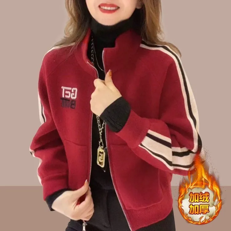 2024年春秋新款加绒秋冬休闲短款外套女时尚洋气立领拉链开衫上衣