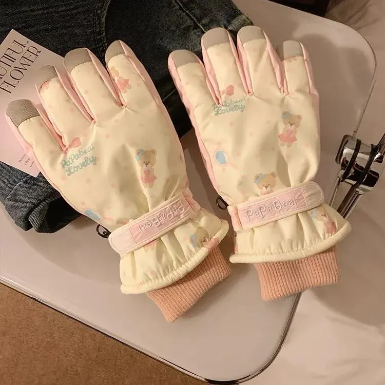 粉色可爱小熊滑雪手套女冬季保暖加绒加厚户外防寒可触屏骑行zks