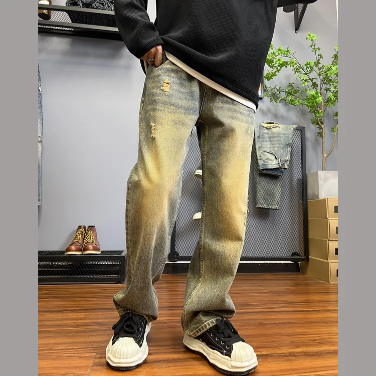 秋季复古黄泥色牛仔裤男破洞复古做旧宽松直筒垂感潮9402