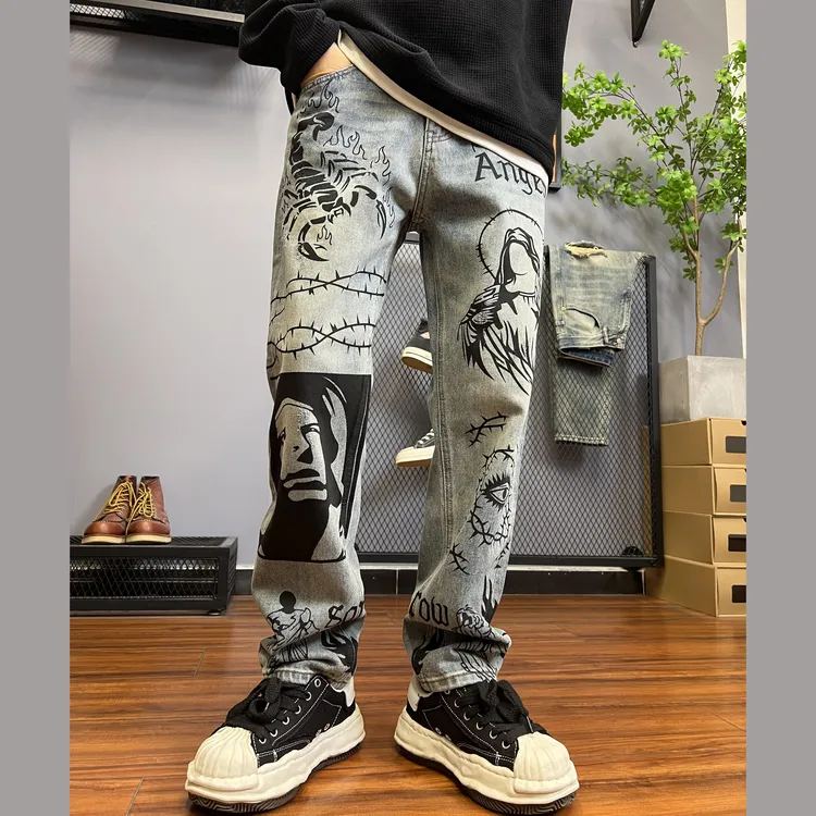 复古做旧牛仔裤男潮牌小众印花个性宽松直筒锥形高端裤5643-2