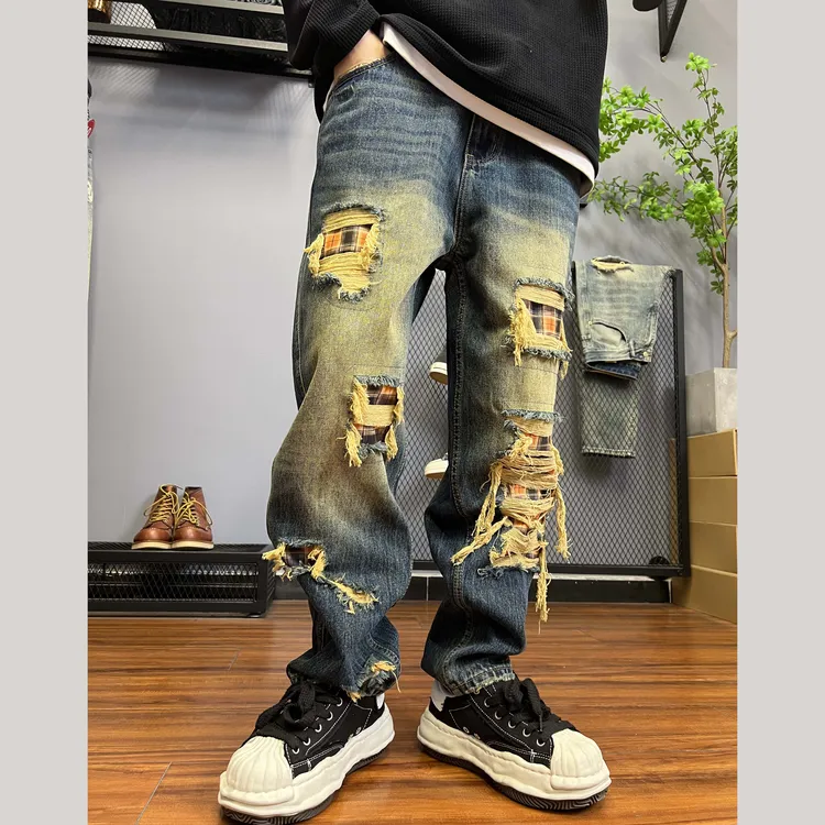 美式复古潮牌秋冬款水洗新款宽松破洞补丁哈伦牛仔裤男长裤C9062