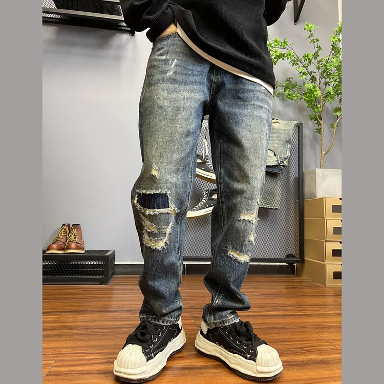 【脏脏裤】潮款油渍油污做旧美式复古破洞补丁牛仔裤男宽松锥型5311