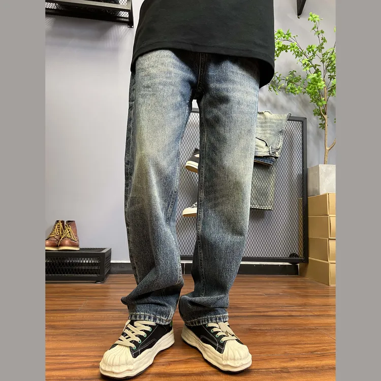 秋季款美式高街牛仔裤男款宽松直筒水洗复古做旧长裤9102