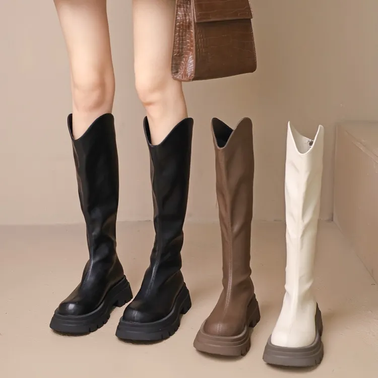 贾不假厚底百搭长筒靴女2025秋冬新款复古洋气V口高筒靴胖mm显瘦