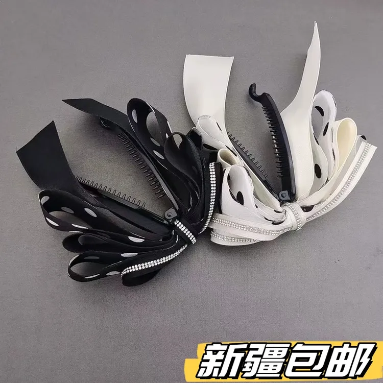 （新疆包邮）蝴蝶结飘带发夹香蕉夹波点布艺后脑勺高马尾抓发夹时尚