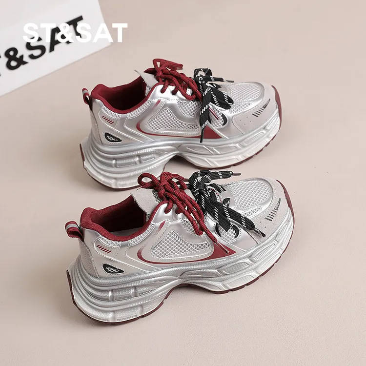 星期六灰色厚底增高6cm老爹鞋运动跑步休闲鞋2025春季新款女鞋