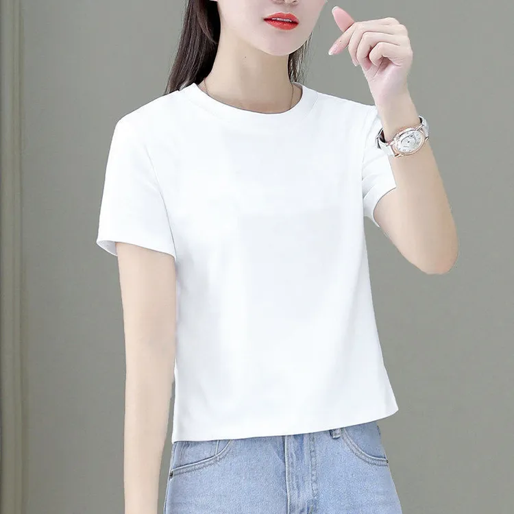 100纯棉短袖t恤女款极简纯色短款上衣夏季宽松休闲小个子圆领小衫