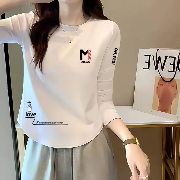 100纯棉长袖打底正肩t恤女士春秋季宽松小个子不规则休闲短款上衣