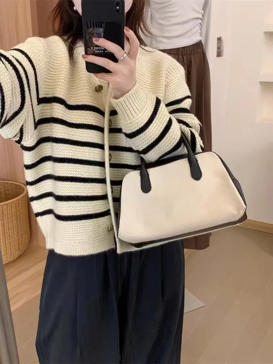 【羊毛衫】秋冬爆款条纹网红复古休闲时尚百搭韩版小香风针织衫女装