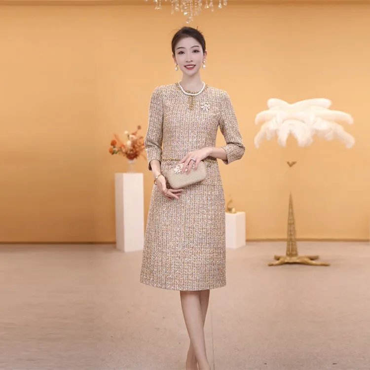 春季新品小香风连衣裙高贵优雅气质连衣裙婚宴宴会妈妈装礼服