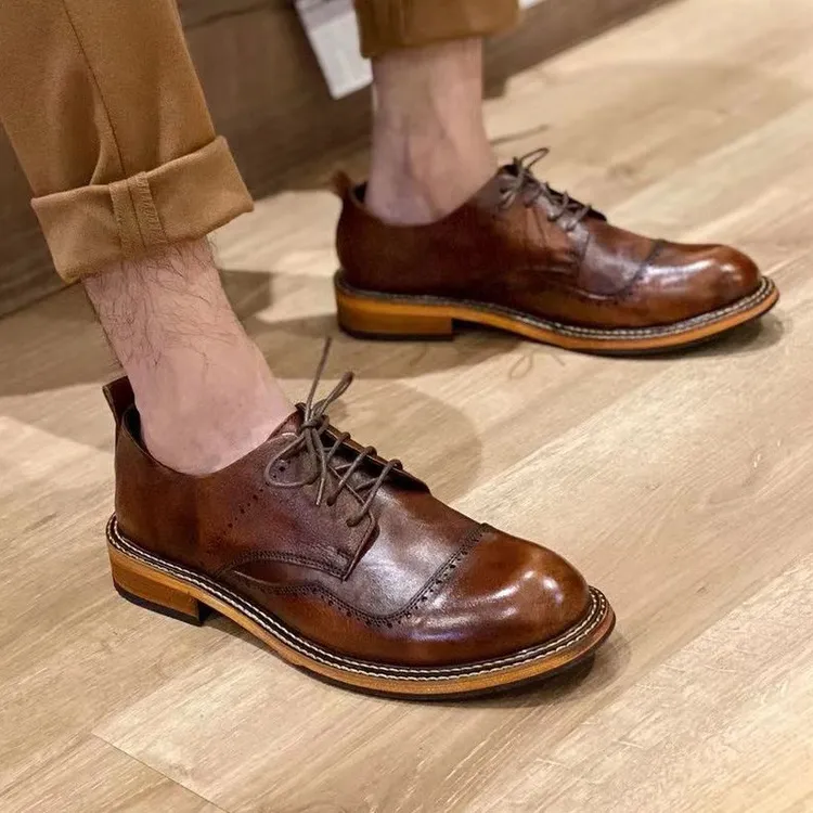 美式复古工装鞋男士时尚英伦风大头休闲纯手工德比鞋皮鞋男款真皮
