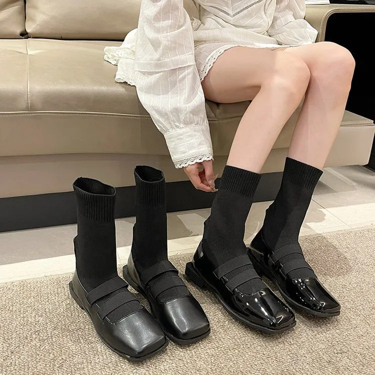 2025方头瘦瘦针织袜子女鞋洋气平底秋冬季鞋短靴连袜靴子爆款百搭