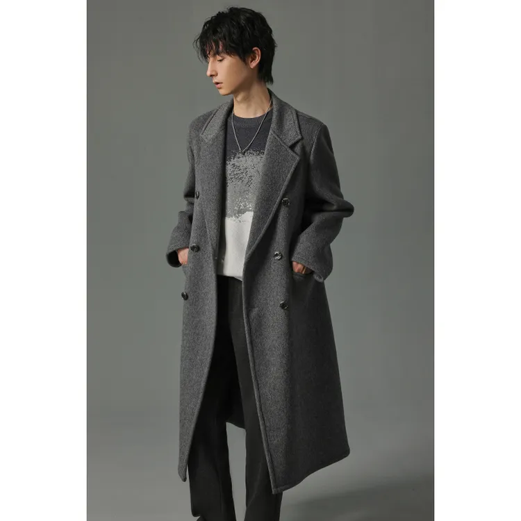 青春洋溢~过膝加厚双面绵羊毛大衣韩版中长情侣款翻盖兜男外套01