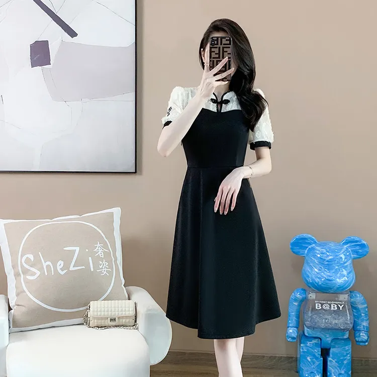 奢姿【东方骨】大码淑女显瘦复古拼接时尚旗袍连衣裙9932852743