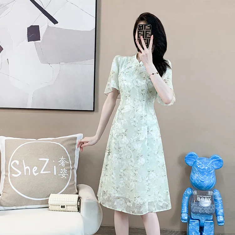 奢姿【夏日绵冰】2025年夏季新款大码女装气质立领旗袍印花连衣裙