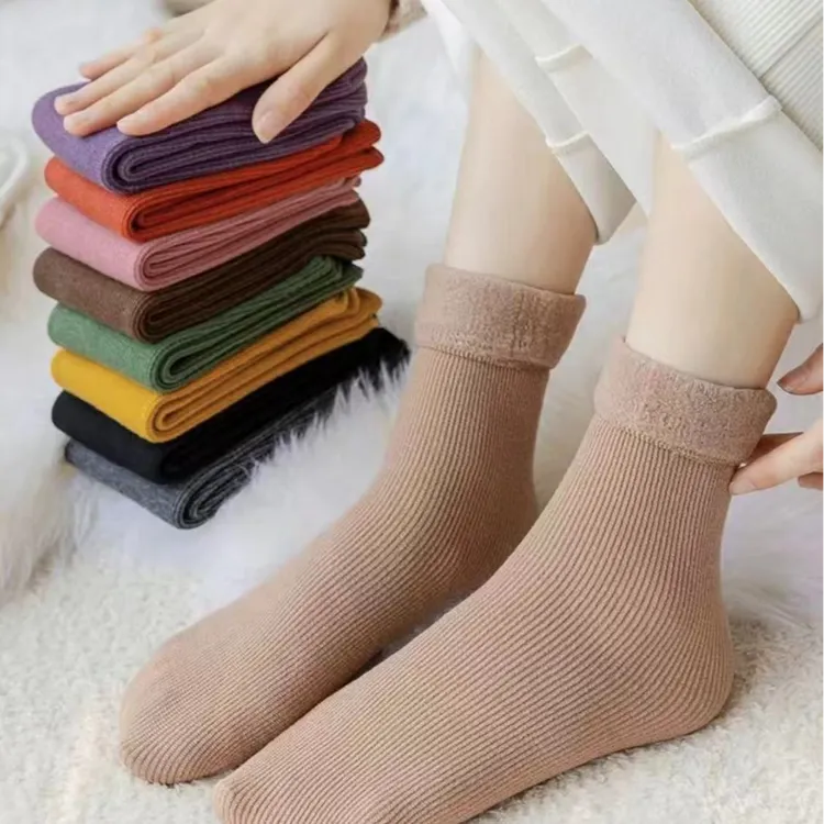 竖条纹保暖袜加绒彩色雪地袜秋冬季加厚袜子中筒冬天纯色袜子女士