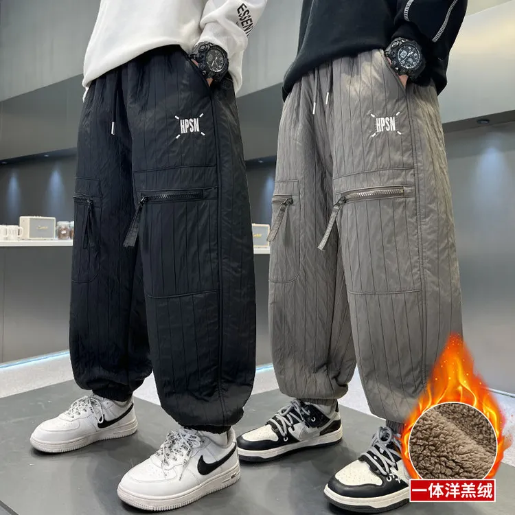 男童加绒加厚裤子冬季装孩束脚儿童装一体羊羔绒保暖休闲中大童潮