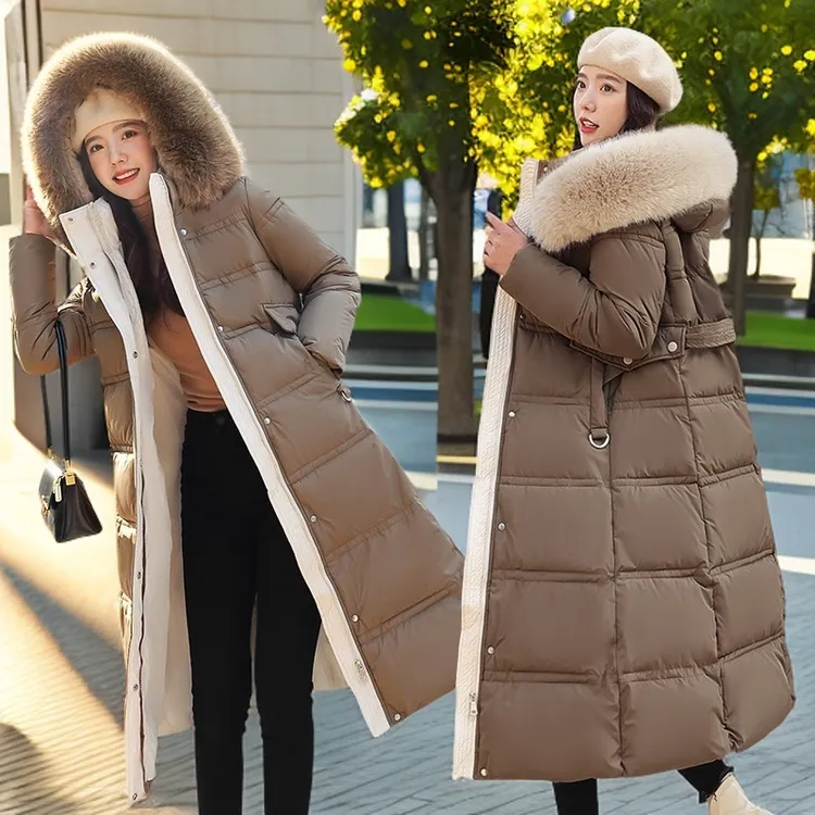 2024秋冬外贸新款大码棉衣外套连帽毛领收腰加厚过膝长款女士棉服