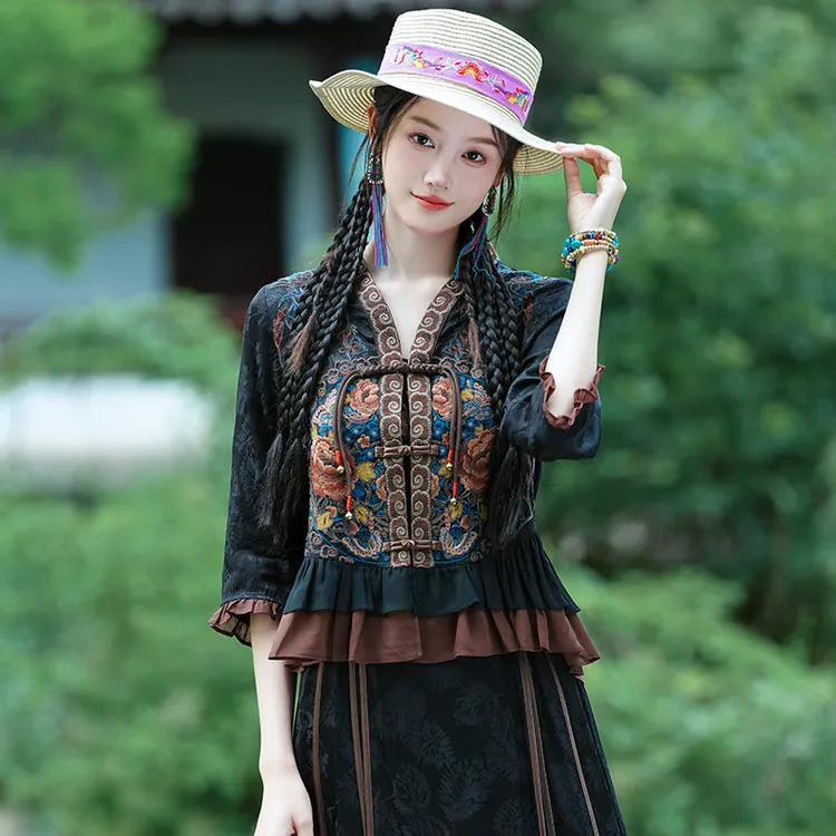 中式改良汉服女装民族风女装重工刺绣V领开衫撞色国潮上衣气质