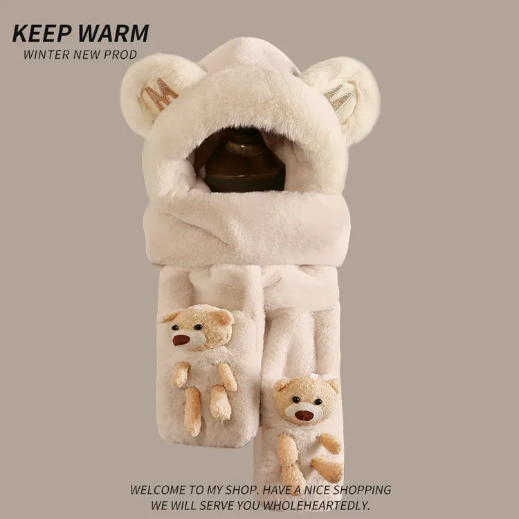 帽子围巾一体女秋冬季保暖加厚冬天防风防寒骑车毛绒围脖三件套