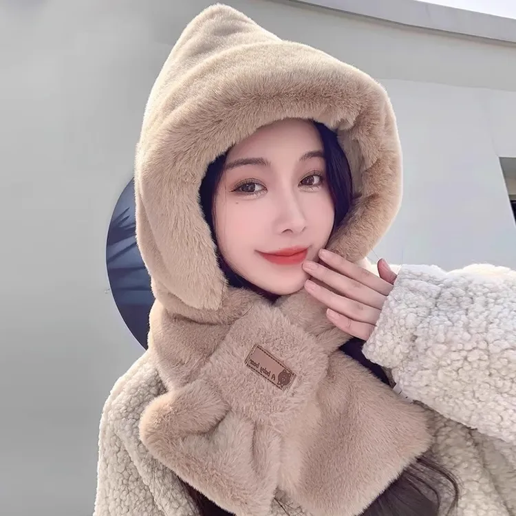 秋冬季帽子围巾一体女网红保暖毛绒加厚两件套冬天加绒保暖帽百搭