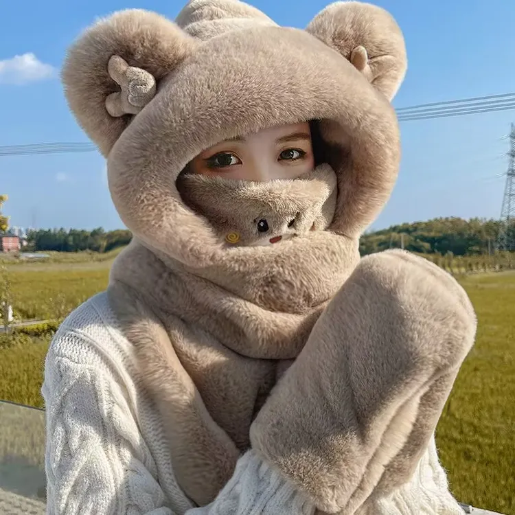 小熊帽子围巾手套一体女秋冬季防寒保暖三件套冬天网红加厚毛绒帽