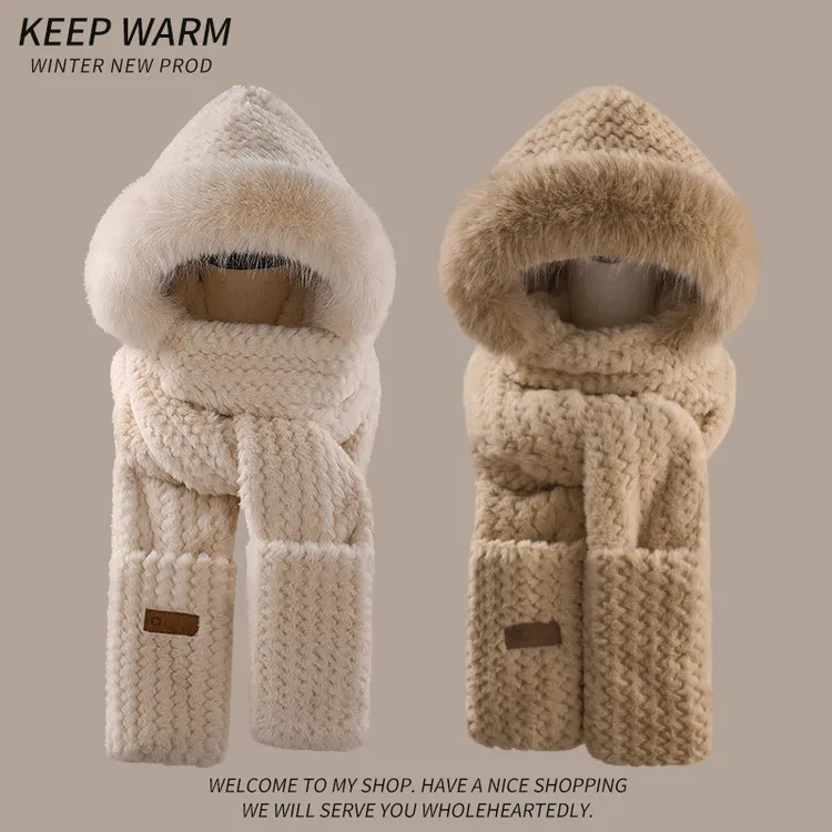 帽子围巾一体女秋冬季毛绒加厚保暖围脖三件套防风防寒保暖帽